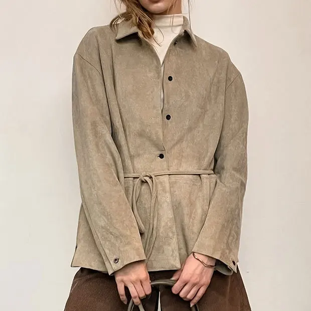 Giacca in pelle scamosciata da donna autunno kaki con lacci Colletto con bavero Camicia monopetto in vita stretta per cappotto femminile stile Instagram da donna