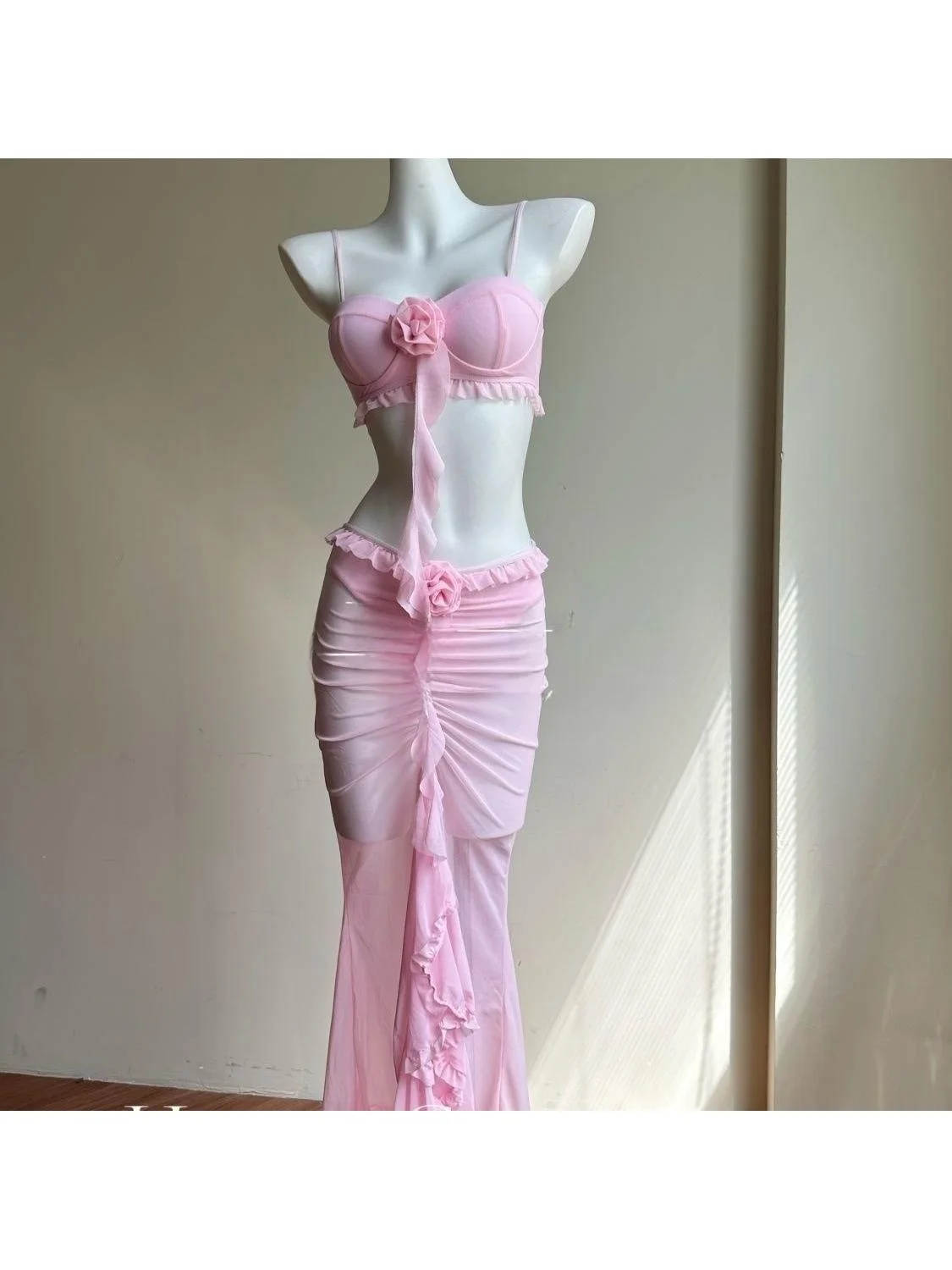 

Pink Heart Bikini Long Dr Tee-piece Set Small Chest Steel Support Gathered Hot Spring Beach Vaion Separate Swimsuit