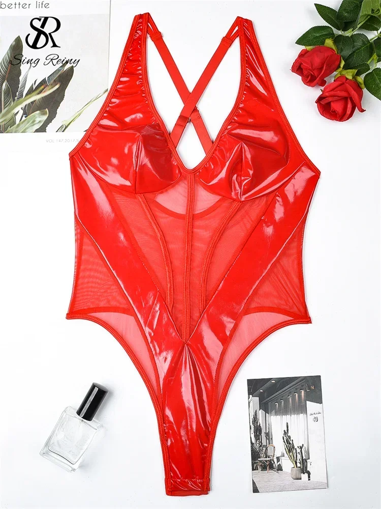 Singiny americano couro do plutônio pornô bodysuit senhoras sólido sexy macacão moda decote em v sem mangas retalhos sheer sensual playsuits