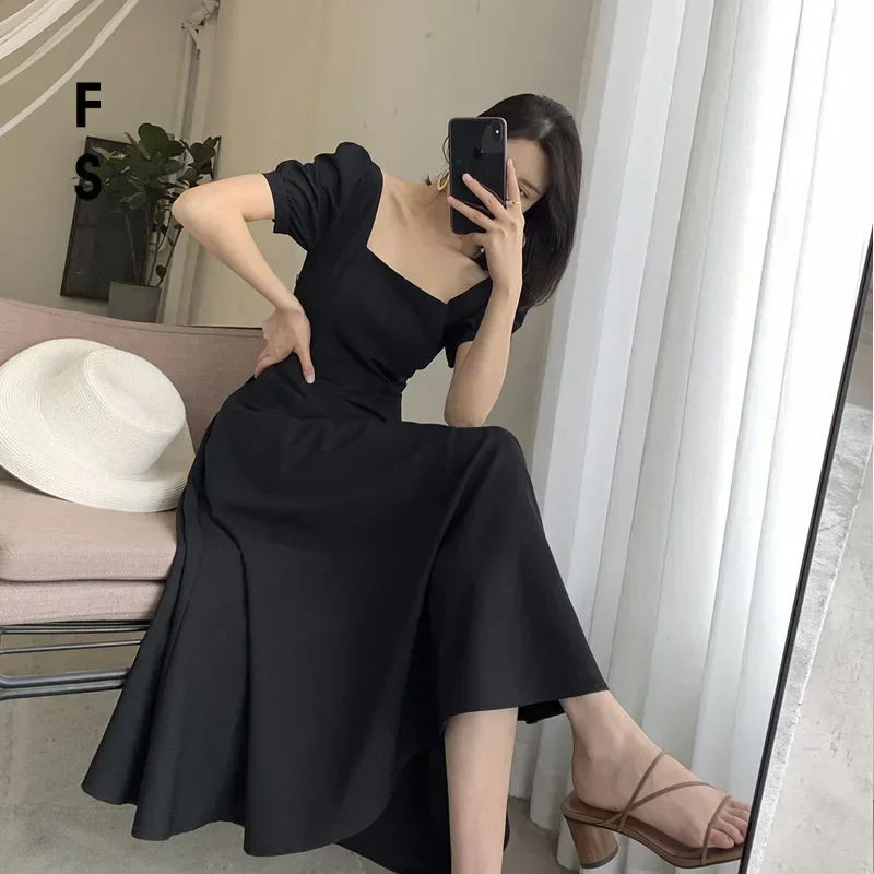 

Korean Summer Dress Spring New French Vintage Hepburn Style Square Neck Black Dress Women'S Long Dresses Robe Femme Y2k