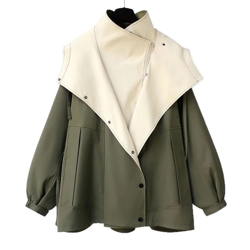 Spring/Fall European and American-style Green Collared Hooded Patchwork Jacket; Black-Apricot-colored Loose-fitting Casual Coat.