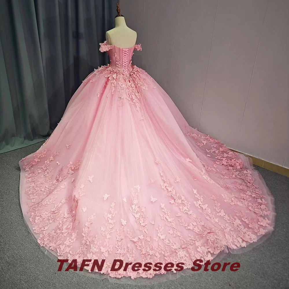 TAFN-vestido quinceanera rosa, trem da capela, fora do ombro, vestido de baile, apliques de renda, colarinho querido, apliques