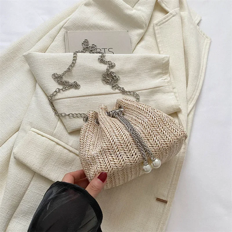 Boho Chic Drawstring Pouch Bag Handcrafted Knitted Design Unique Pearl Embellishment Elegant Chain Strap Lightweight Summer