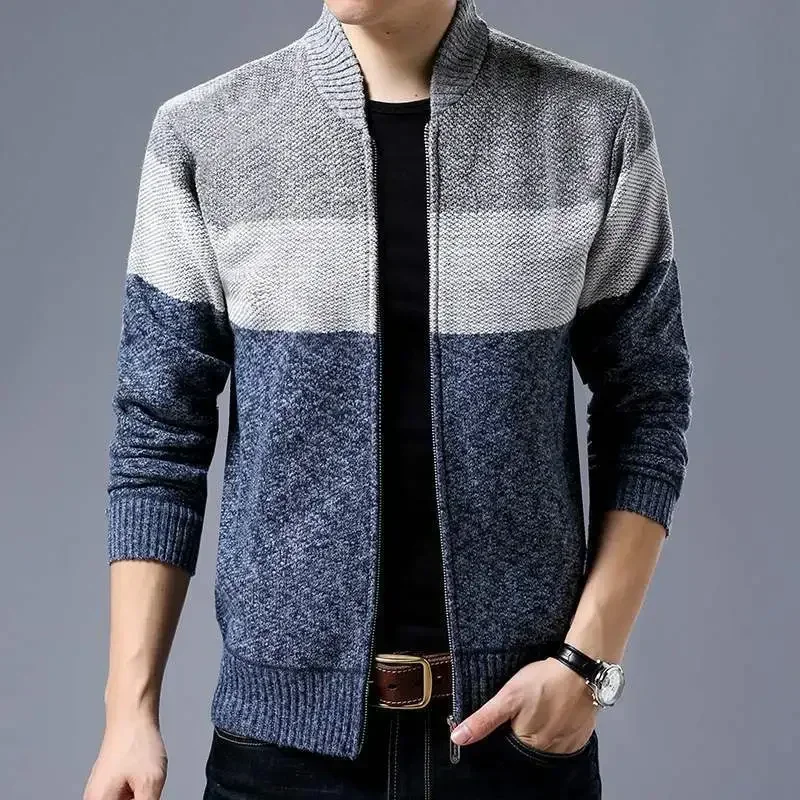 Men Cardigan Sweater Coat 2024 Autumn Winter New Keep Warm Thicken Knit Sweater Velvet Contrast Striped Zipper Jackets Outerwear