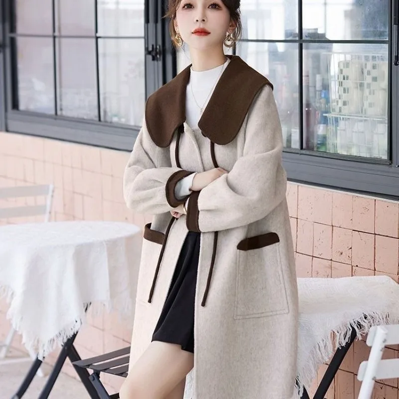 Nuovo abbigliamento da donna Colletto per bambola Cappotto di lana Autunno Inverno Giacca di lana abbinata ai colori semplici Cappotto antivento femminile di moda