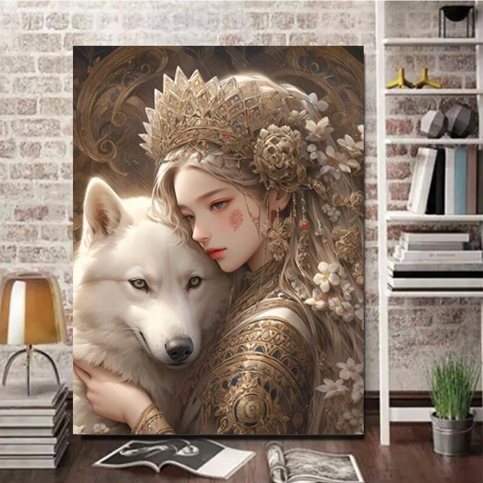 Faithful Friends Dog 5D DIY Diamond Painting Fantasy Woman Rhinestones Of Picture Full Round Cross Stitch Mosaic Embroidery V450