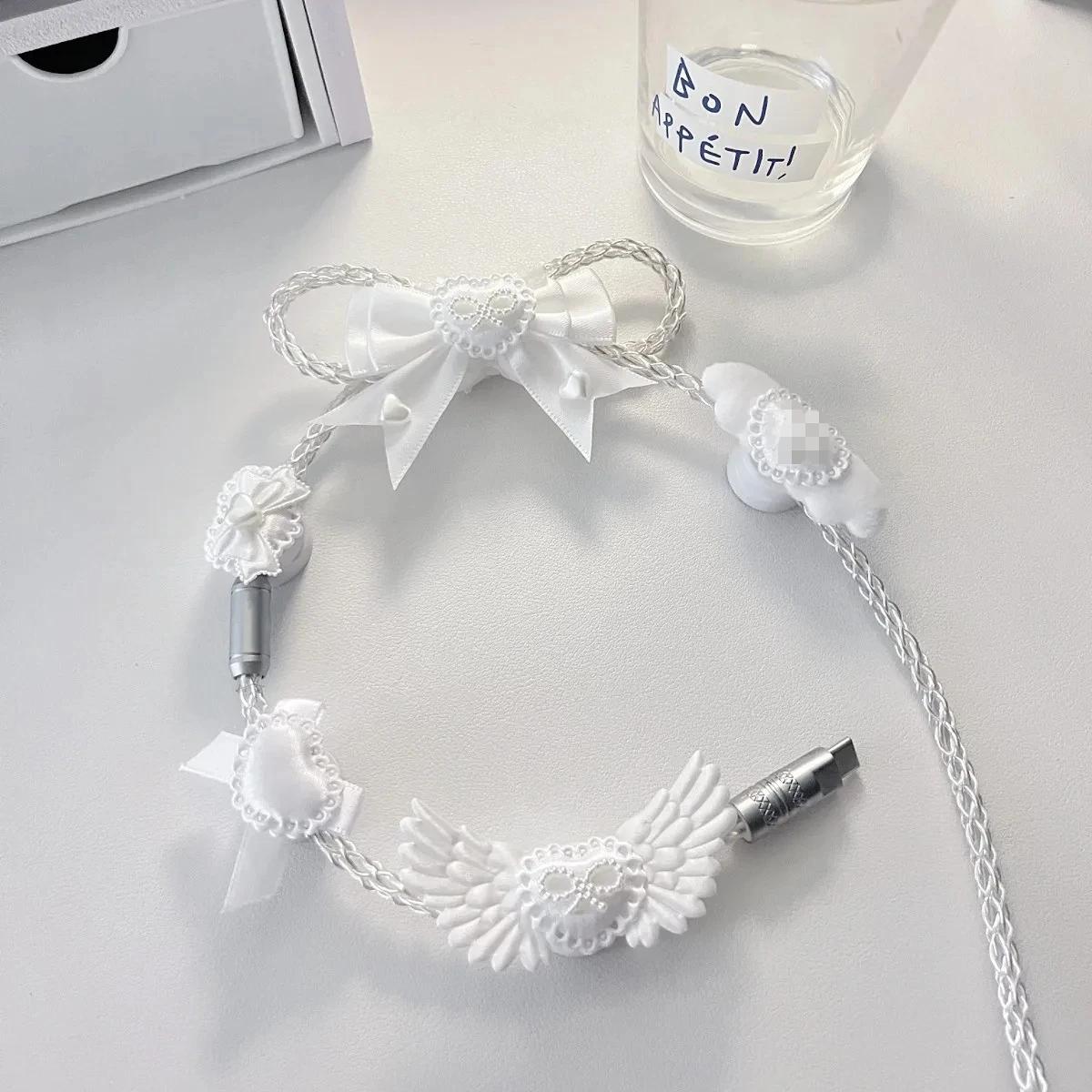 White Bow Aviation Cable Custom for Mechanical Keyboard Accessories White Light Single‑crystal Copper Aviator Cable Decoration