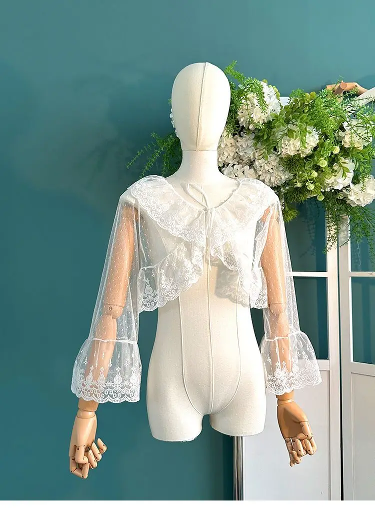 高級白刺繍レースショールヴィンテージロリータプリーツ多層レースケープ女性のショートカーディガンエレガントなアウターウェア