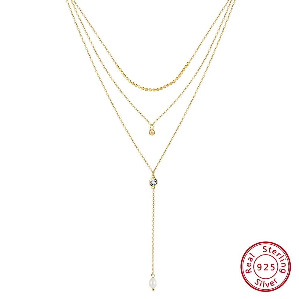 KISS MANDY 925 Sterling Silver Y Shaped Long Necklace Pearl Dainty Layered CZ Beaded Pendant Collar Trendy Jewelry Women BQN35