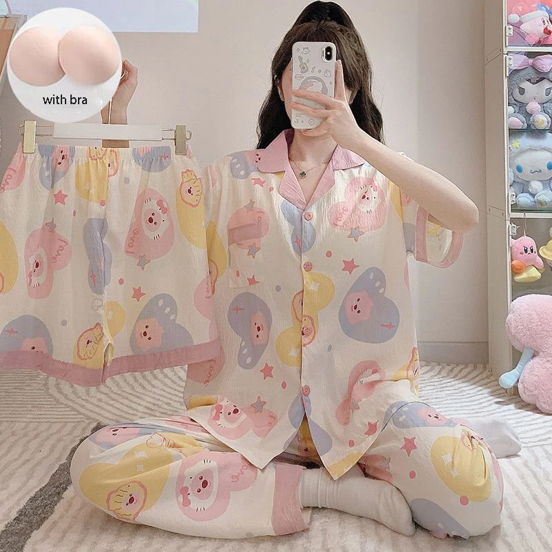 Miniso Loopy Hellokitty Pajamas Short-Sleeved Shorts Long Pants Three-Piece Full Print Summer Clouds Cotton Loungewear Set Gift