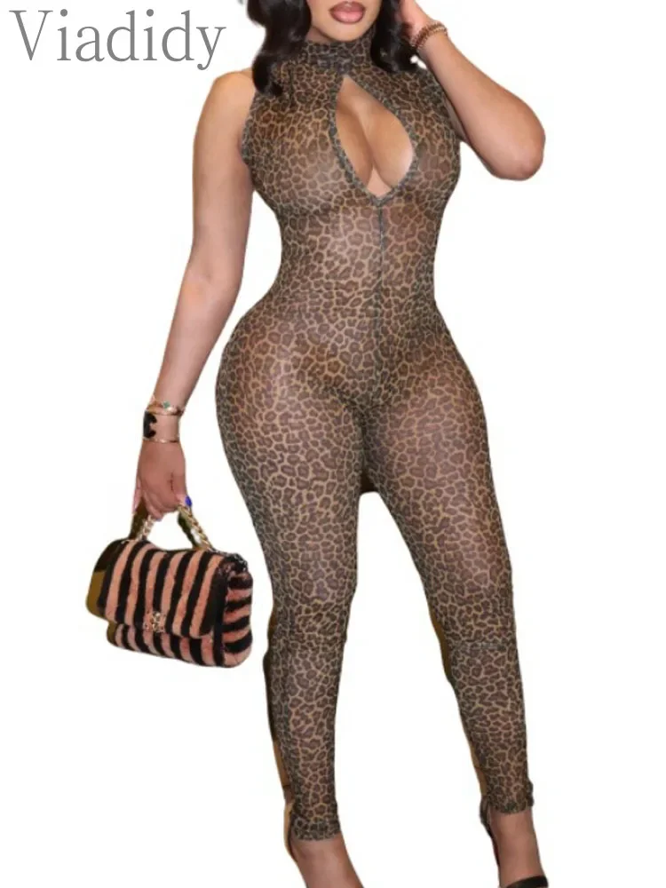 

Женские сексуальные прозрачные комбинезоны из сетки без рукавов с леопардовым принтом, облегающие комбинезоны