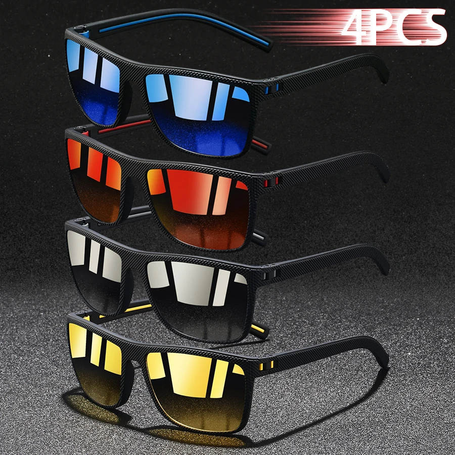 4PCS Fashion Vintage Check Pattern Sunglasses For Men Women Fishing Driving Fashion Square Brand Design Sun Glasses
