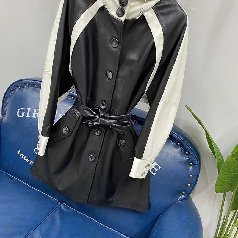 Lederen Capuchon Dames Jaet Bla Witte Kleur Blo Loose Fit Herfst Winter Nieuwe Sle Lange Sve Halflange Jas eepskin