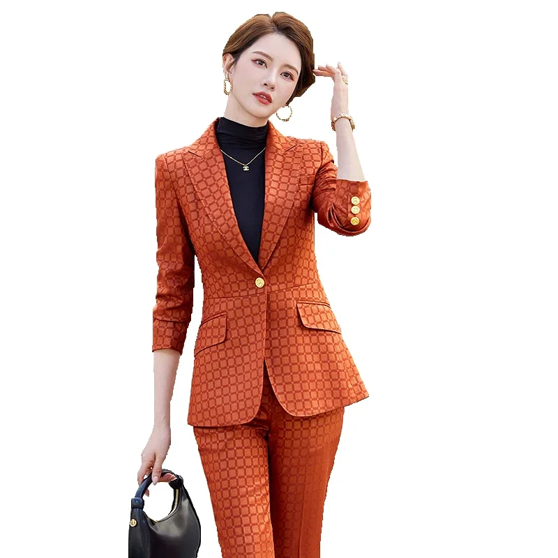 Pop Orange Plaid Women Suits Office Sets New Fashion Long Sleeve Slim Single Button Blazers Casual High Waist Flare Pants Suits