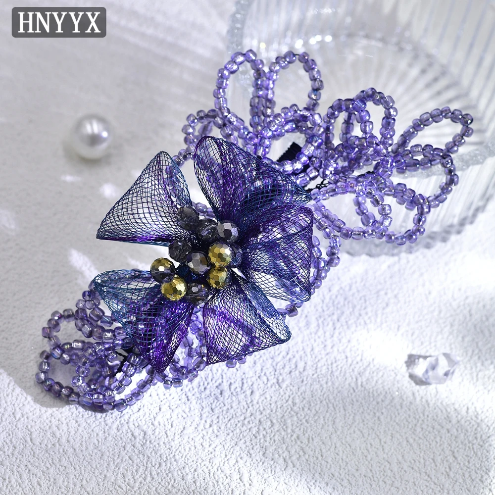 HNYYX Vintage blau Perlen Haars pange Abschluss ball Kleid Haarschmuck Mesh weiche Kette Feder clip elegante Frauen handgemachte Seiten klammer a211