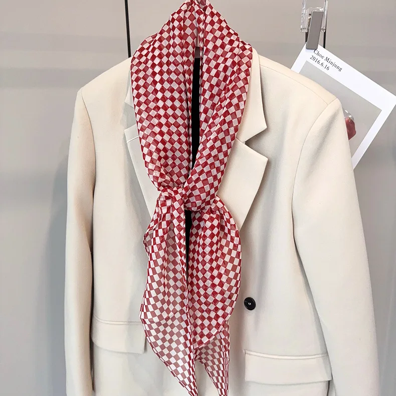 2026 Women's Long Vintage 100% Silk Neck Scarf Red‑White Gingham Check Scarf Semi‑Transparent Plaid Neck‑Tie Scarf