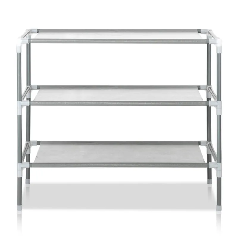 

Simple Assembly 3 Tier Non Woven Fabric Shoe Rack Proof Cover 9 Pair High Heel Shoes Capacity Gray Color Closet Organization