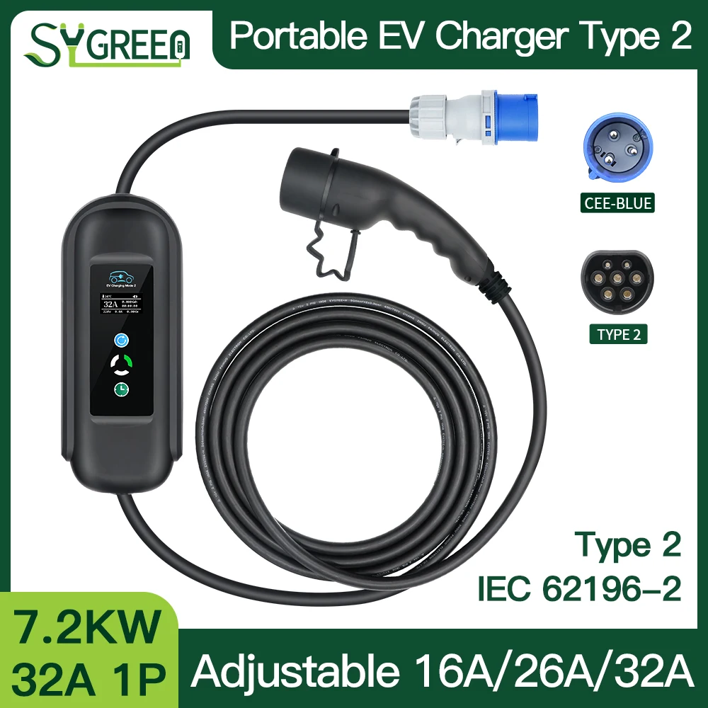 

32A Electric Car EV Charger Type 2 IEC 62196-2 7.2KW EVSE Adjustable Current Electric Vehicle Charger for Home 5M Cable