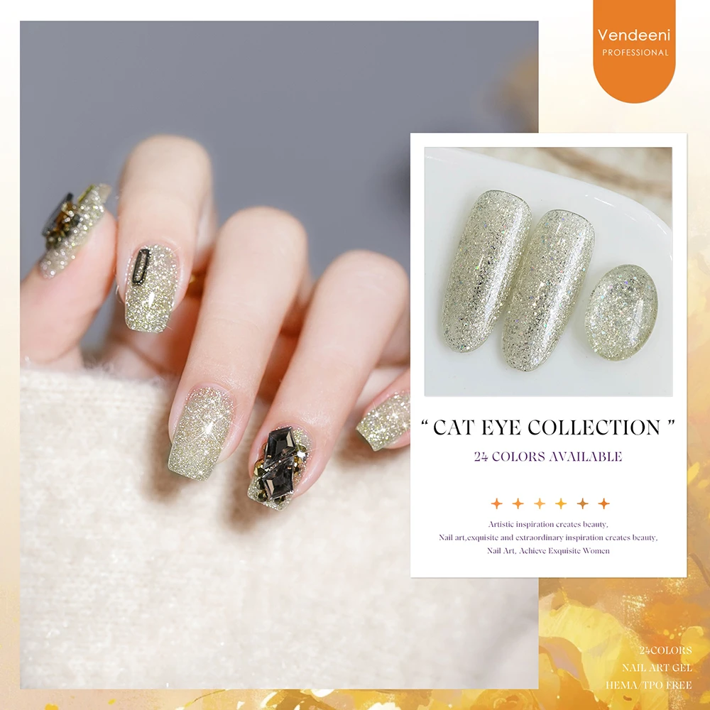 Vendeeni 24 Farben Gemischtes Gel-Nagellack-Set Gelb Orange UV Soak-Off Gel-Lack Gold Glitzer Katzenaugen-Gel-Lack mit Display – Detail 4