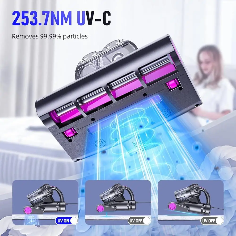 強力なマットレス掃除機 15Kpa 吸引 HEPA フィルター UV 超音波高熱 6 モードダストペットの毛除去クリーナー