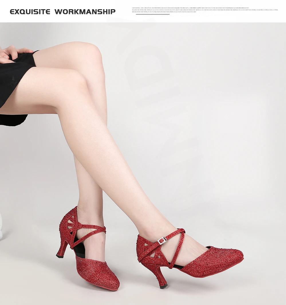 CINMIDY Rote Strass-Lateintanzschuhe Damen Tango-Tanzschuhe Moderne Schuhe Weiche Sohle Hochzeitsschuhe Silber – Detail 14