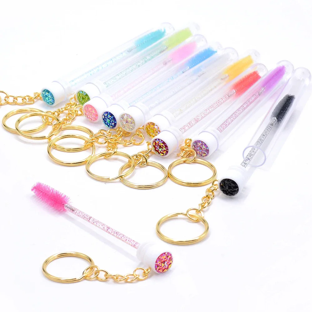 10pcs Reusable Eyelash Brush Tubes With Gold Keychain Sparkling Lash Mascara Wands In Tubes Container Lash Spoolies Comb Brushes
