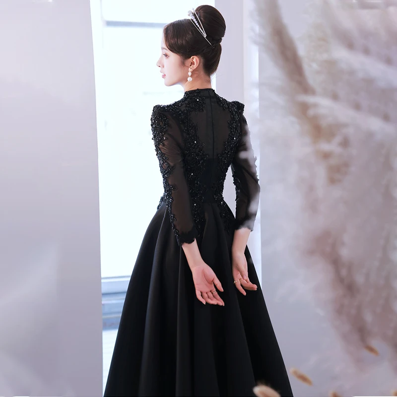 It\'s Yiiya High Neck Evening Dress Black Zipper Back A-Line Floor Length Full Sleeves Plus size Woman Formal Party Gowns XC016