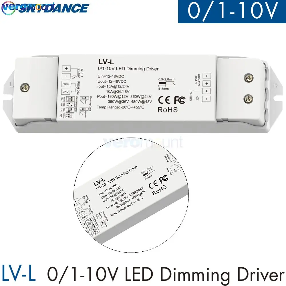 Skydance 15A*1CH 12-48VDC CV 0/1-10V Dimming Driver LV-L Dimmable Led Driver DC12V 24V 36V LED Dimmer Led Dimming Controller PWM