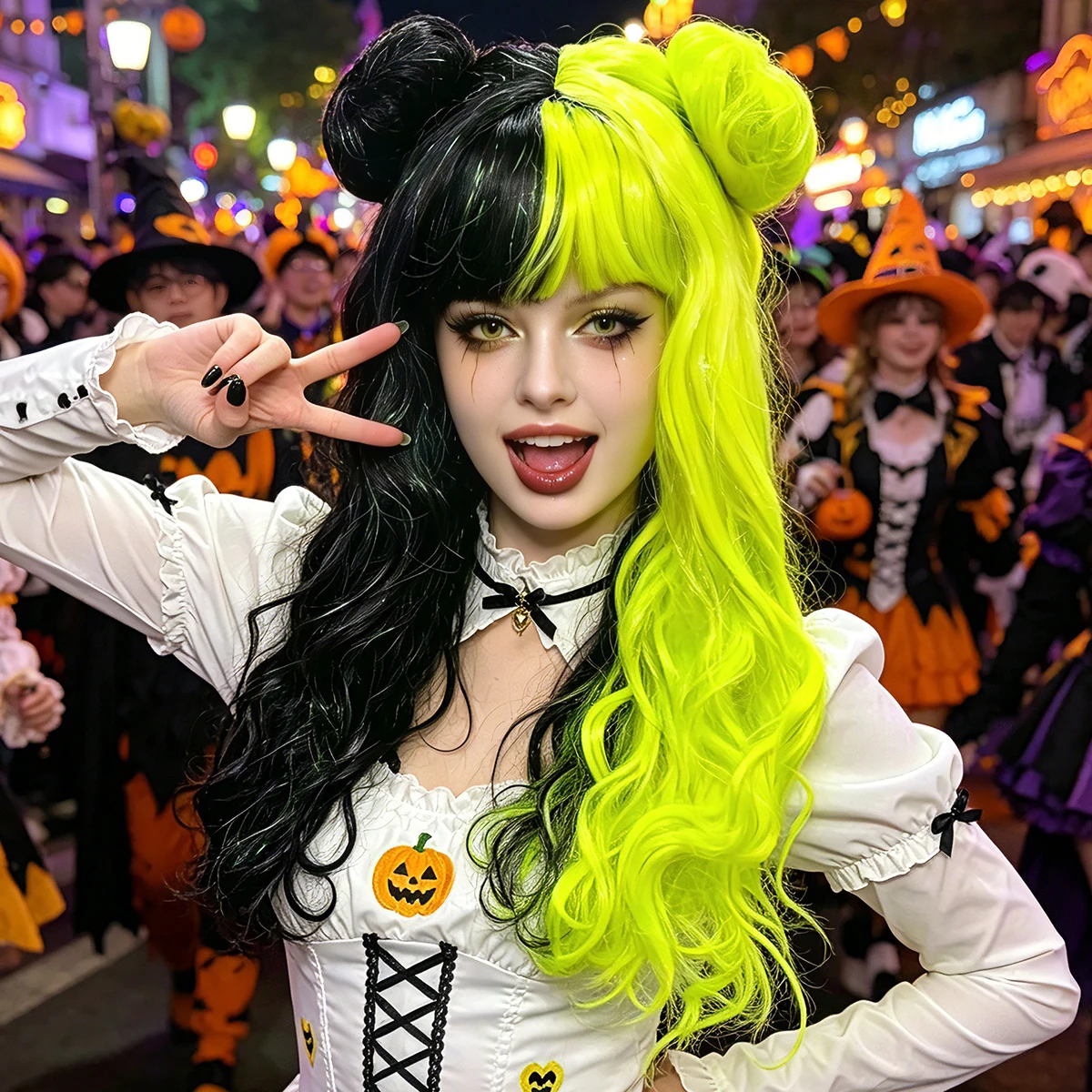 

Neon Green Black Split Long Curly Synthetic Wig Double Buns Bangs Glitter Women Gothic Halloween Party Cosplay Costume Hairpiece