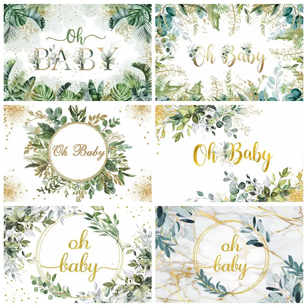 

Oh Baby Backdrop Green Leaves Baby Shower Pregnant Mom Portrait Photography Background Decor Banner Photo Studio Prop Supplies