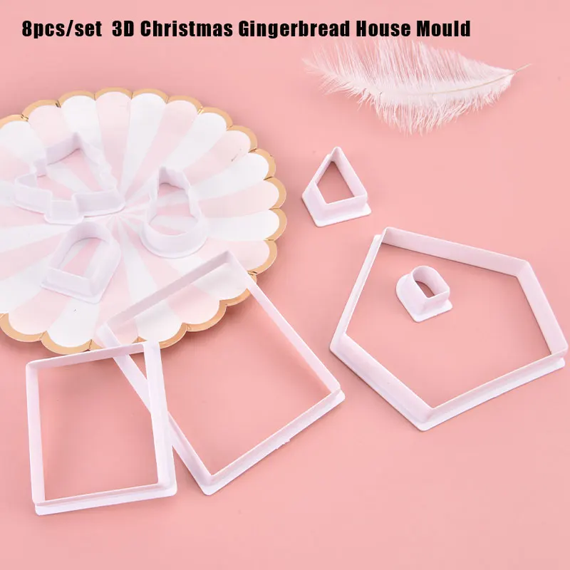 8Pcs Plastic Cookie Cutter Set 3D Christmas Gingerbread House Mould DIY Biscuit Mold Pastry Cake Stamp Baking Tools Accessories