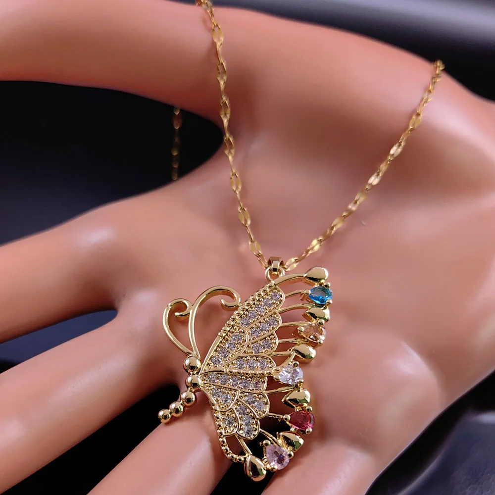 Coquette Butterfly Copper Zircon Pendant Necklace for Women Stainless Steel Y2K Female Chain Girlfriend Gift Jewelry collier