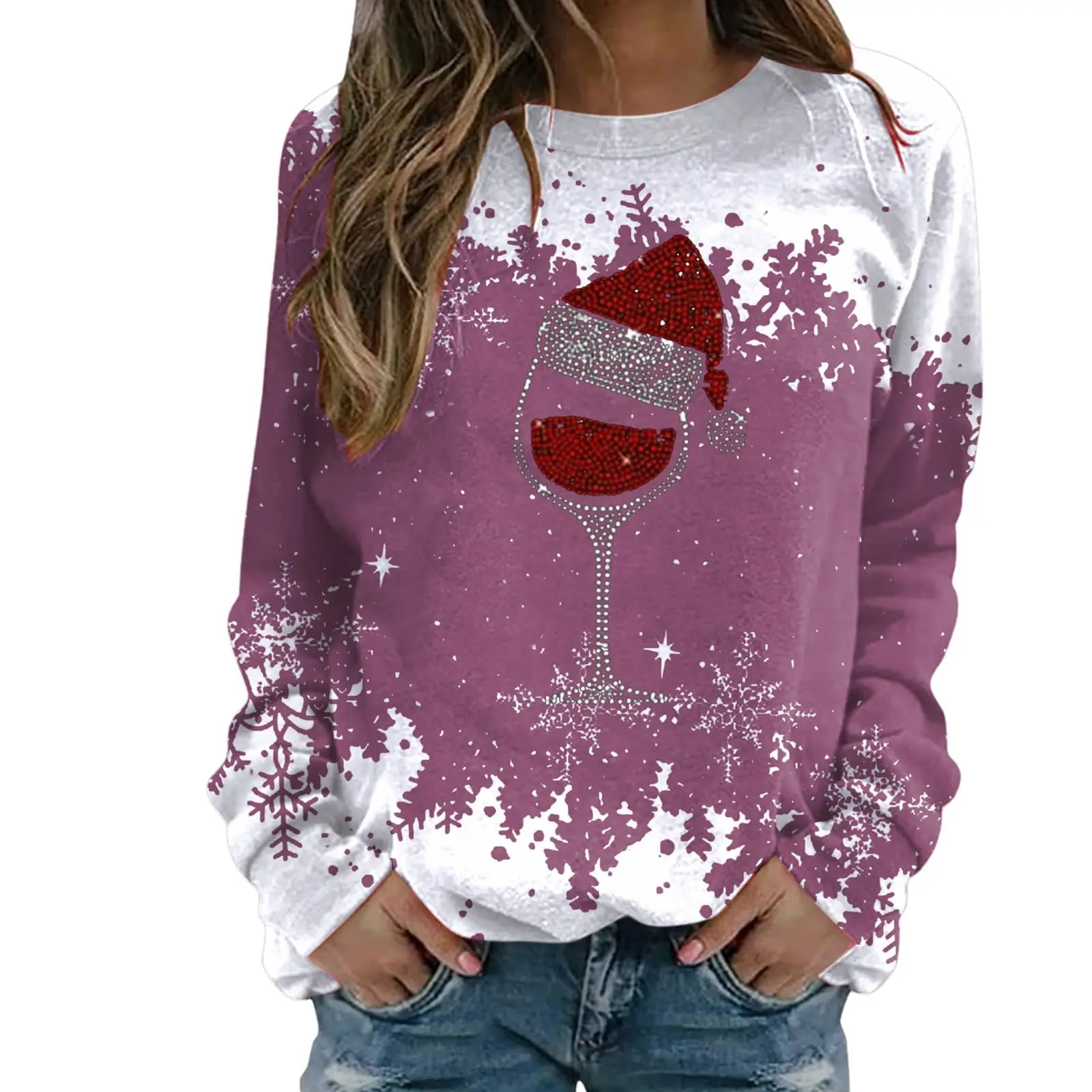 Christmas Wine Glass Pattern Women\'s Long Sleeved T-shirt Funny 3D Print Tees Autumn Casual O-neck Loose Pullover X\'mas Clothing