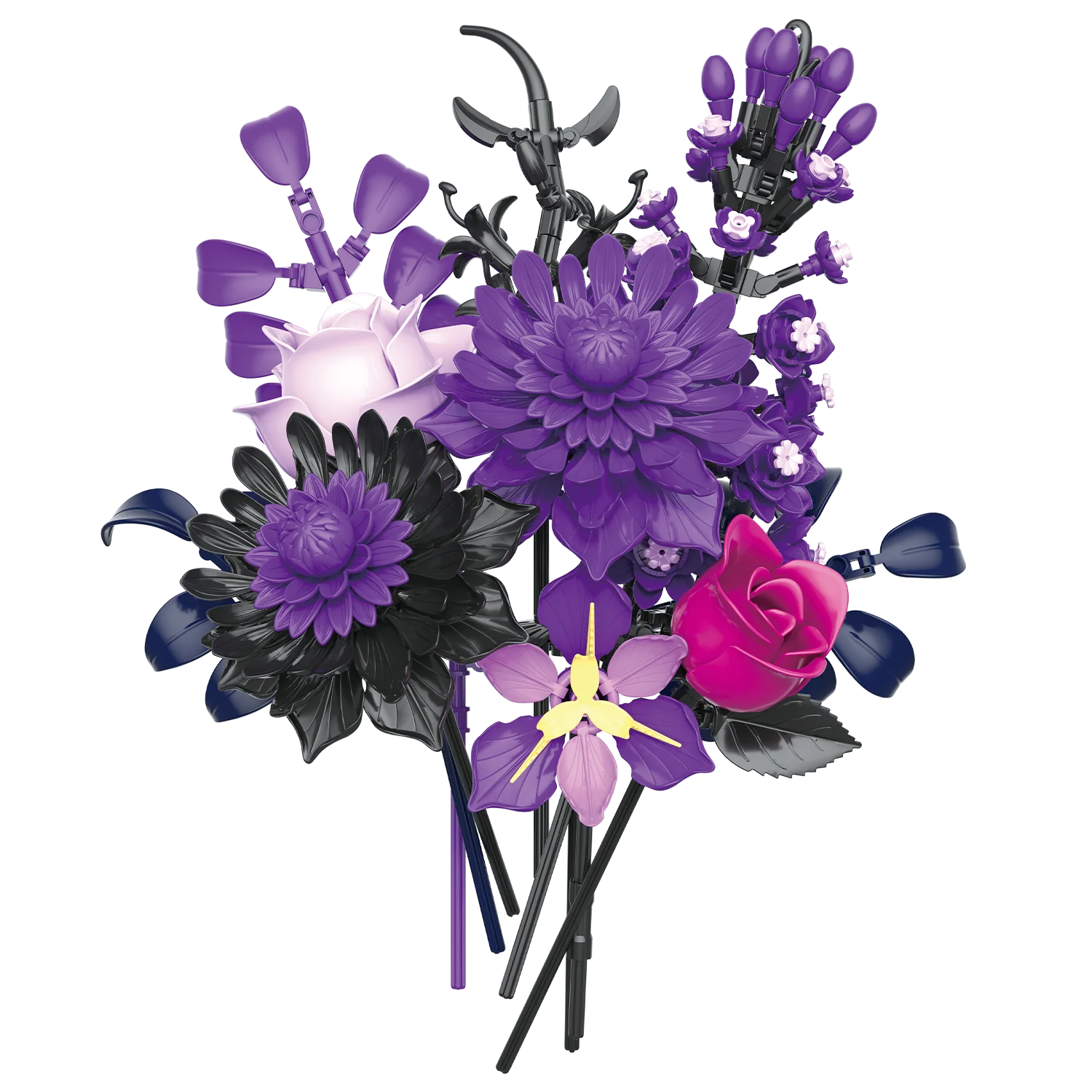 Bouquet di rose nere viola Set di blocchi di fiori Collezione botanica Decorazione domestica gotica Modello di mattoni Giocattolo per regalo per adulti