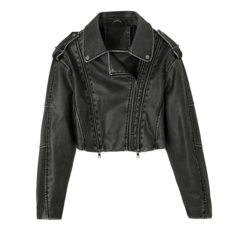 Women's PU Leather Short-Sleeved Jacket Turned-Down Collar Side Zipper Spring Autumn Winter Coat Popular among Europeans