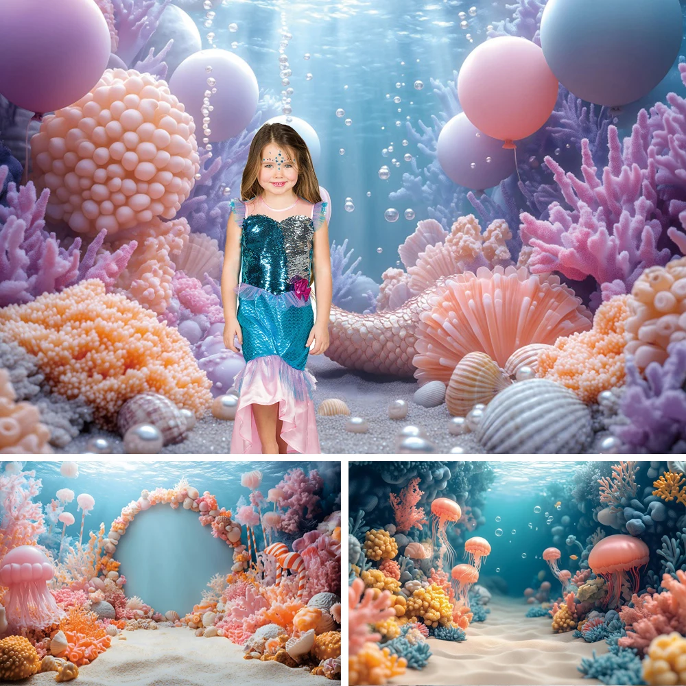 Underwater World Mermaid Jellyfish Baby Shower Backdrop Baby 1st Birthday Party Portrait Photographic Background Studio Shoots