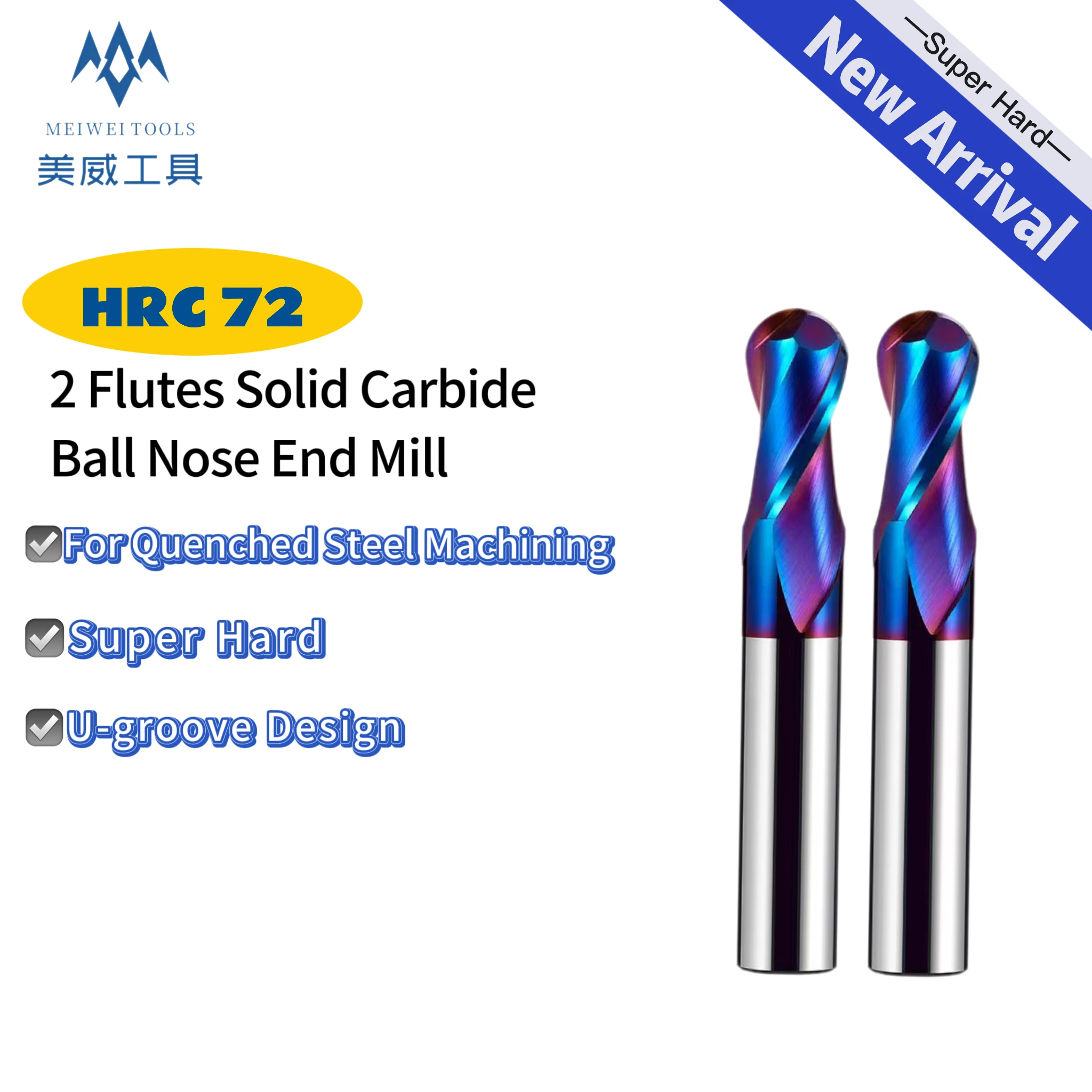 2 Flutes HRC 72 Ball Nose End Mill Super Hard Solid Carbide Milling Cutter for Quenched Steel Machining nACo Coating Long Length