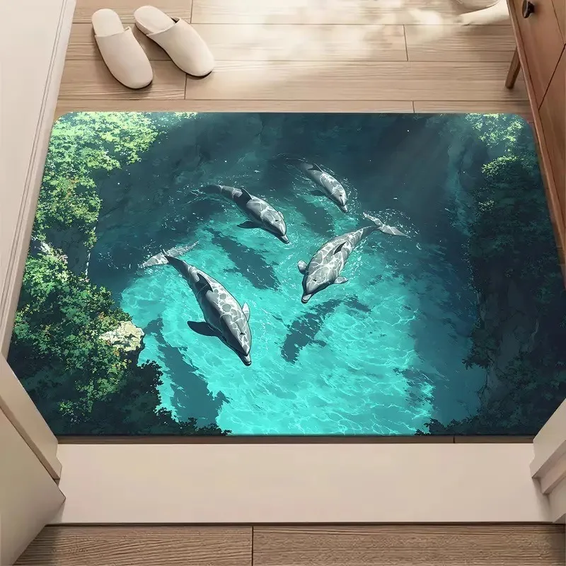 3D Ocean Themed Door Mat With Koi Fish Cliff Pool Dolphins Designs Artistic Realistic Print Mat Floor Mat For Entryway Doorstep