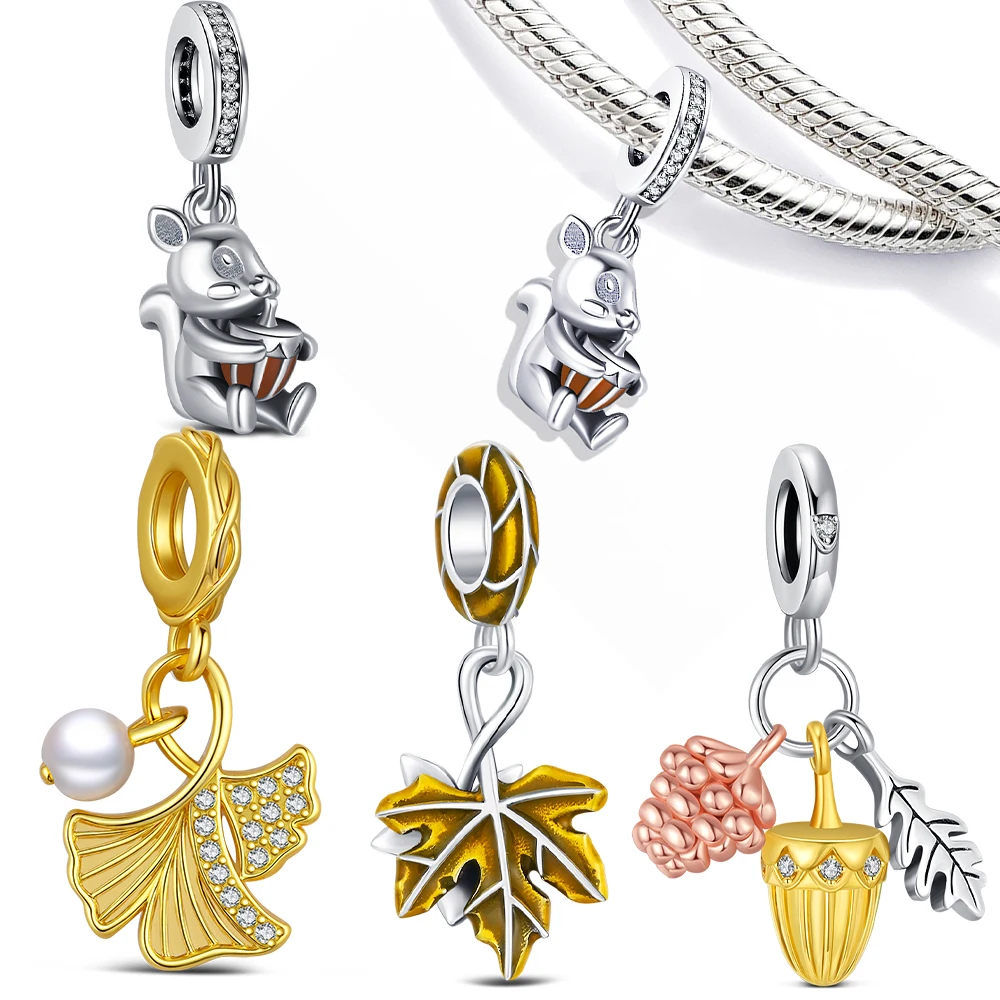 Herbst-Anhänger aus 925er-Sterlingsilber, Tannenzapfen-Charm, Granatapfel, Original für klassisches Armband, Damen-Modeschmuck, DIY-Geschenke