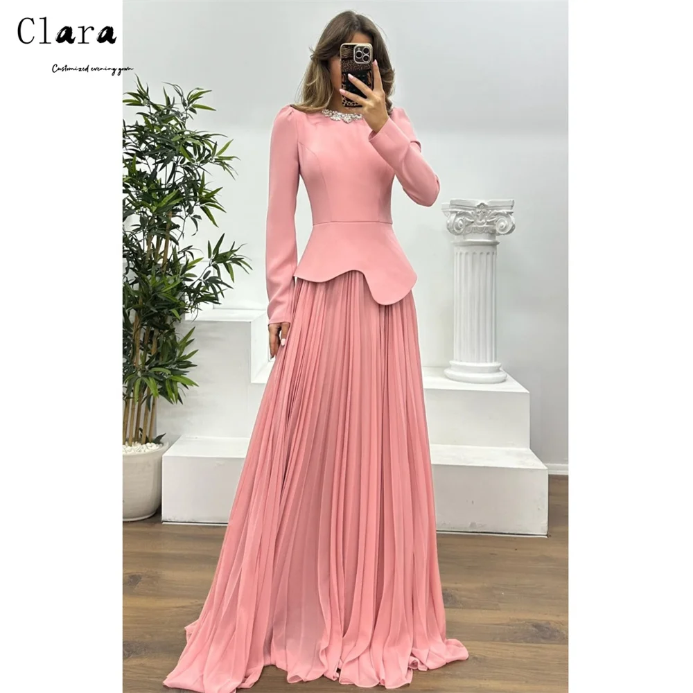 Sukienki Clara Custom, różowe, z długim rękawem, zdobione cyrkoniami, o kroju litery A, damskie sukienki na imprezy, luksusowe sukienki wieczorowe dla kobiet, eleganckie sukienki koktajlowe, kolekcja 2025.