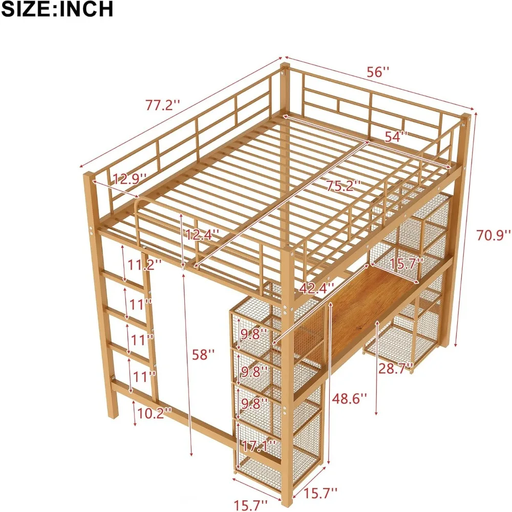 Full Size Metal Loft Bed with Built-in Desk and Shelves, Full Bed Frame for Dorm, Boys & Girls, Teens, No Box Spring Needed