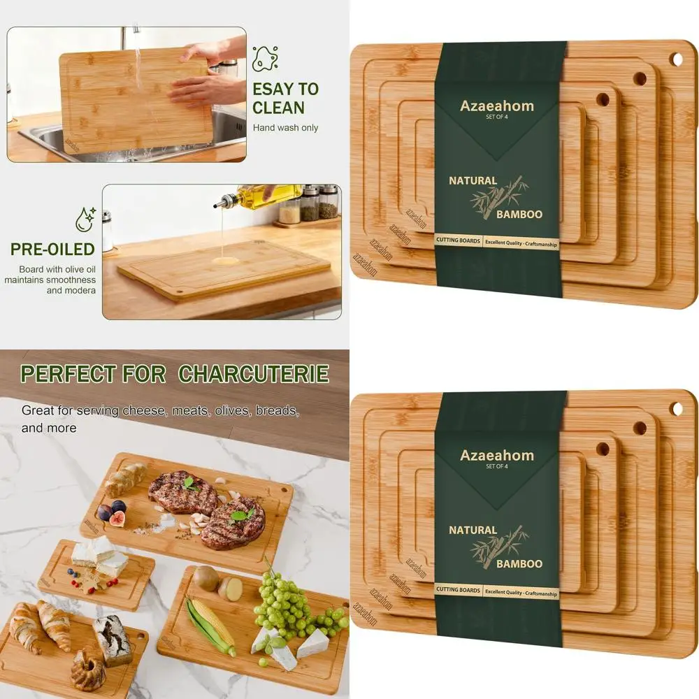 

Набор из 4 деревянных кухонных разделочных досок с желобками для сока и встроенными ручками для удобного хранения и очистки