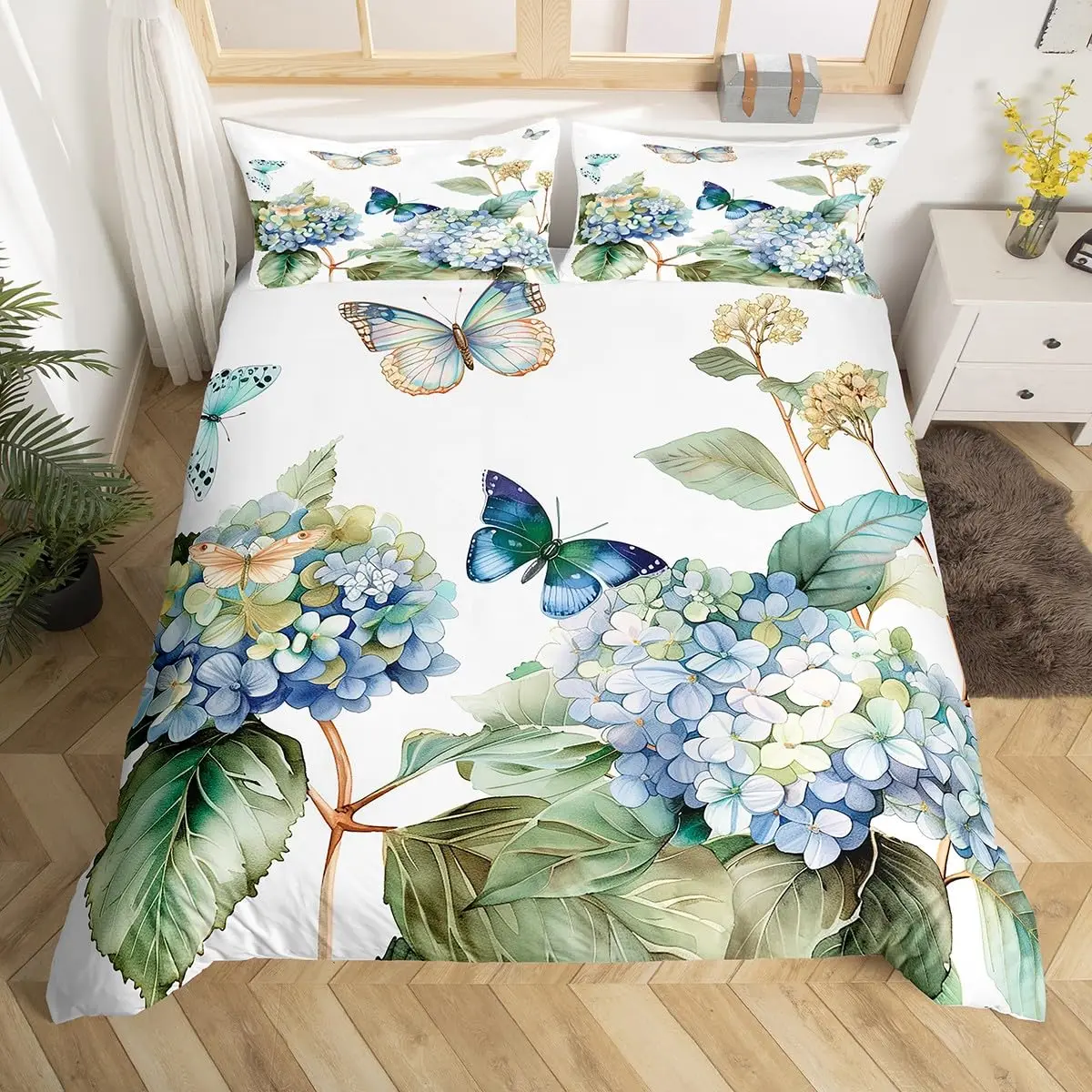 Butterflies Floral Hippie Bedding Set Queen Cute Groovy Butterfly Flower Power Comforter Cover Boho Natural Flowers Duvet Cover