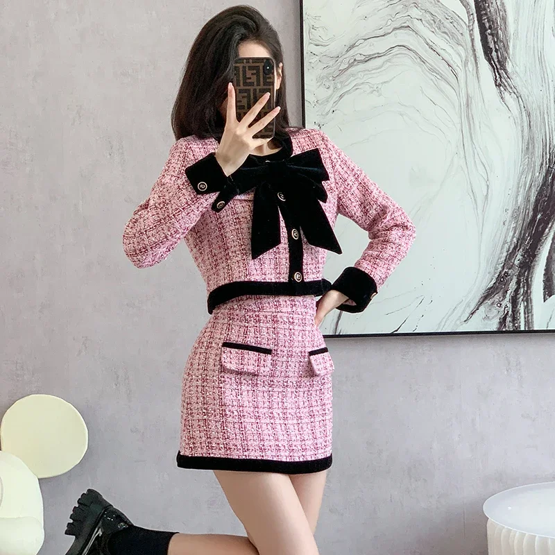 French Small Fragrance Autumn and Winter Tweed Two Piece Plaid Ladies Bow Short Coat + High Waist Mini Skirt Women Elegant Suit