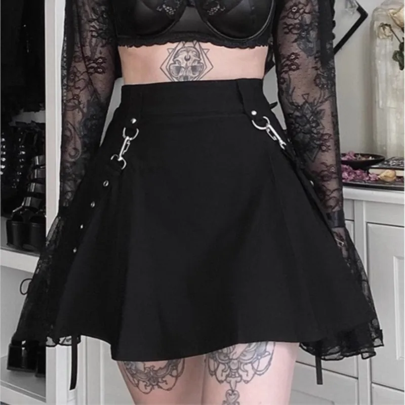 Women's Punk Gothic Black High Waist Black Skirts Sexy Patchwork Bandage Mini Female Streetwear Black Skirt 2025 Summer Clothing