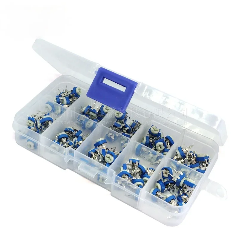 100Pcs/Box RM065 Carbon Film Horizontal Trimpot Potentiometer Assortment Kit 10 Values Variable Resistor 500R - 1M