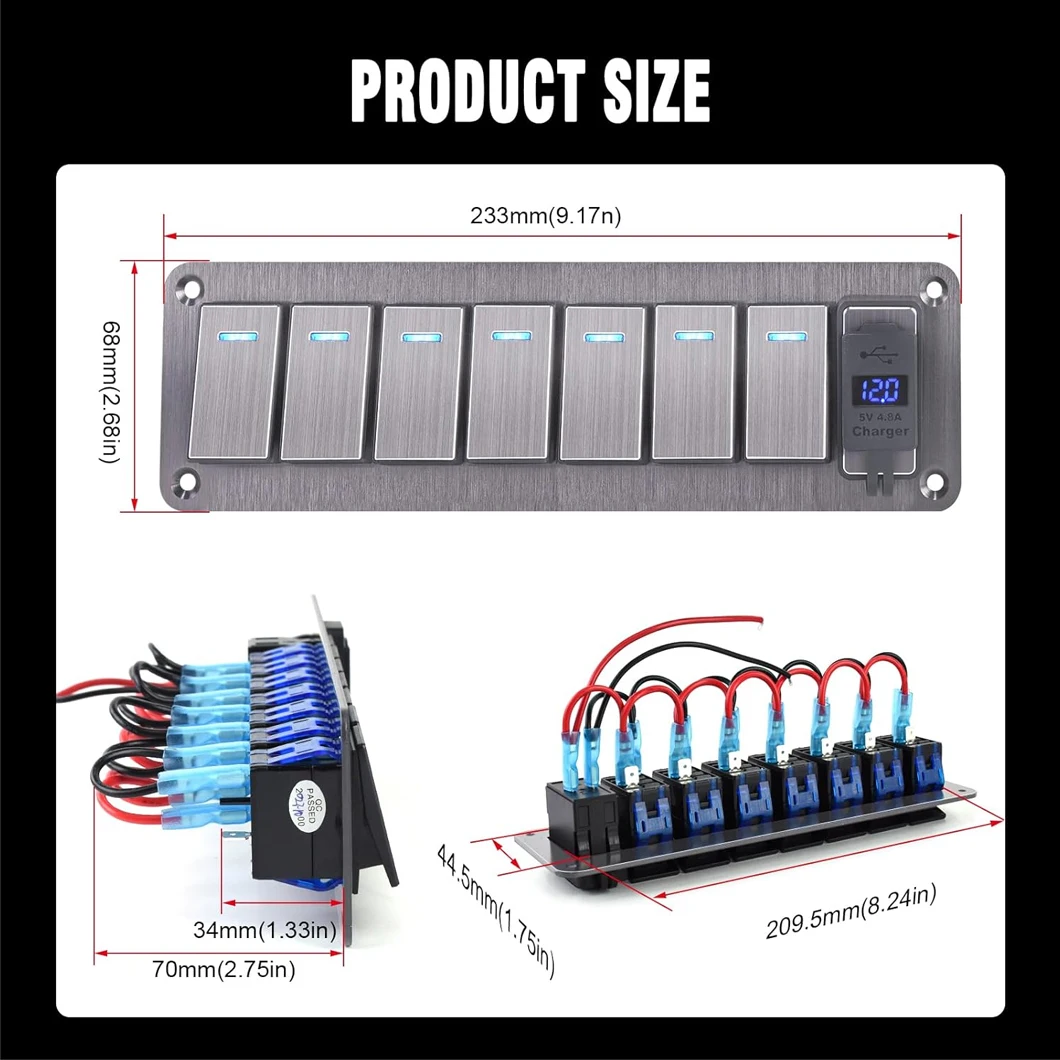 7 Gang Automotive Modificator Panel 12-24V ON-OFF Toggle Rocker Switch Panel with Dual USB Car Power Charger Metal switch Panel