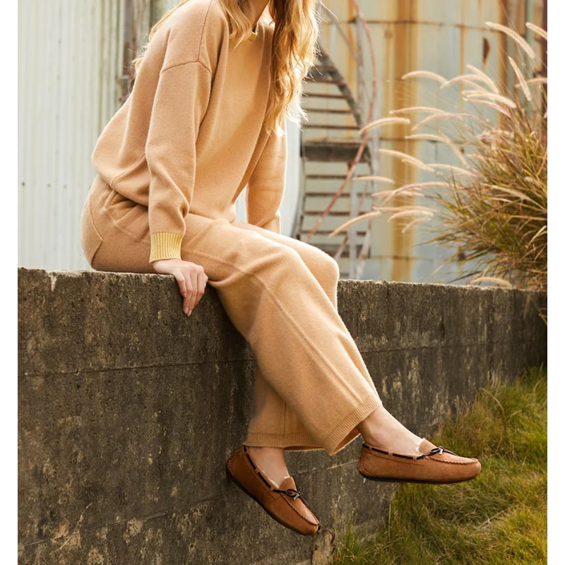 Women Australian Genuine Leather Moccasins Winter Thick Wool Lined Loafers Flat Slip on Big Size 44 Warm Snow Boots Casual Shoes