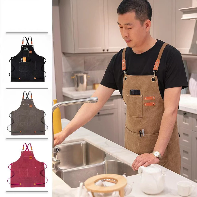 Thickened Cotton Canvas Apron Bib Men's Women's Home Cooking Kitchen Gardening Work Apron Coffee Barber Tea Shop Pocket Apron