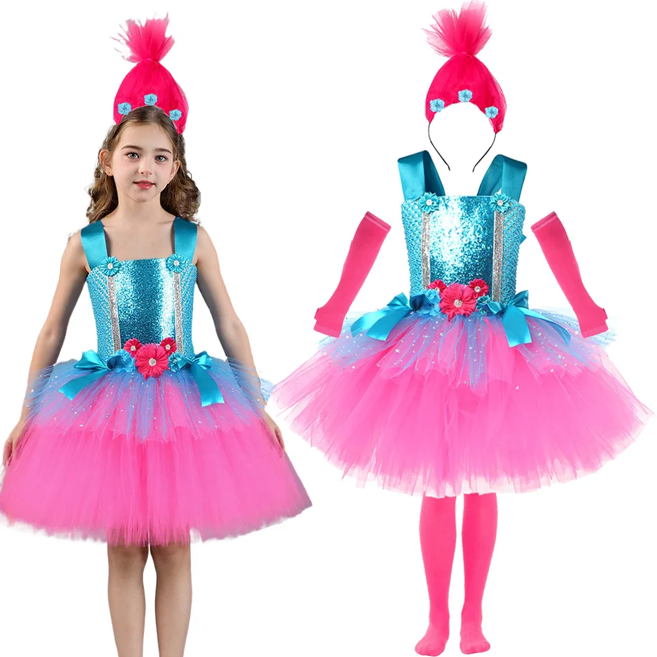 

Girls Stage Performance Dress Kids Spliced Color Cute Mesh Fluffy Gown Poppy Cosplay Clothes Halloween Princess Dress